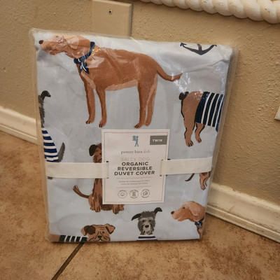 NEW Pottery Barn Salty Dog Reversible TWIN Duvet Cover Nautical  COASTAL Anchors-image