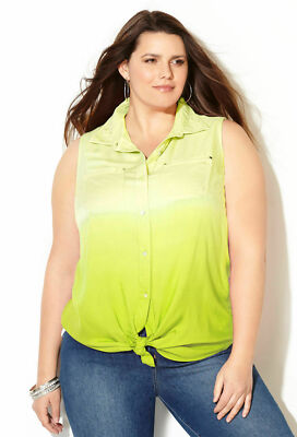 Avenue Dip Dye Tie Front Sleeveless Blouse ~ Button Down Tank Green 14/16 0X 1X-image