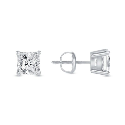 1.50 Ct Princess Created Diamond Earrings Studs Real 14K White Gold Basket Screw-image
