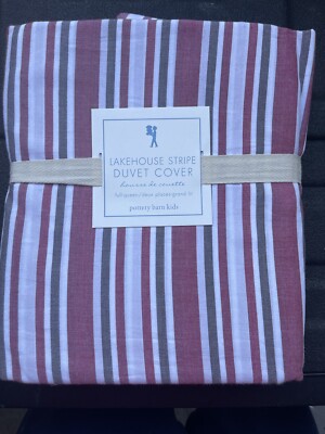 Pottery Barn Kids RED Lakehouse Stripe Full Queen F/Q Duvet Cover - NEW-image