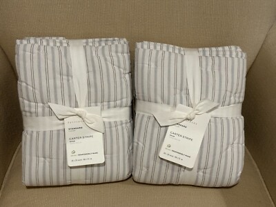 S/2 Pottery Barn Carter Striped Quilted Pillow Shams Standard White Charcoal NEW-image