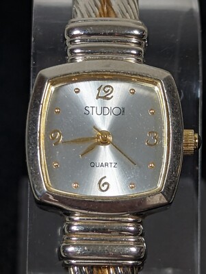 Studio Womans Silver Tone Dial Square Case Hinge Bracelet Band Watch 6.5 Inch-image