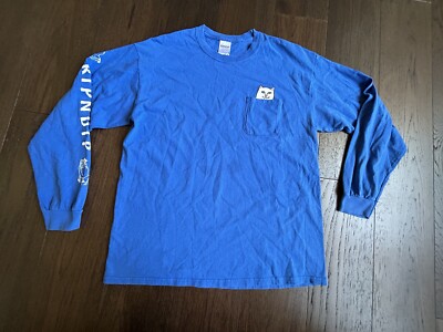 Rip N Dip Cat Middle Finger Pocket Blue Long Sleeve Shirt Size L-image