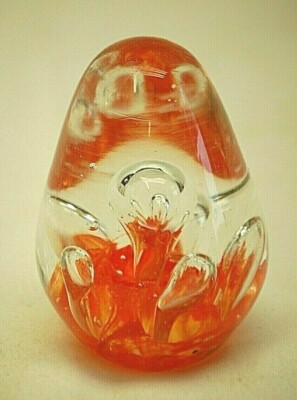 Studio Art Glass Paperweight Orange Wavy Oblong Shaped Controlled Bubbles-image