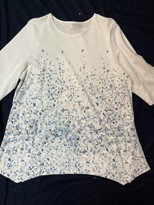 J. Jill Womens Dipped Hem Print Tee Shirt Top Tunic Size L Petite White Blue-image