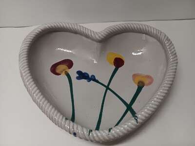 Studio Art Pottery Heart Shaped Rope Edge Bowl Artist Stamp Handpainted Flowers-image