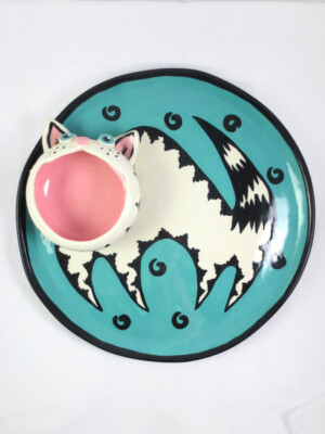 Vintage Lanz Russell Art Pottery Crazy Cat Chip & Dip Serving Platter Plate-image