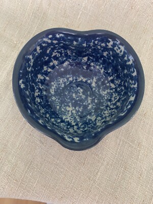 Blue & White Spongeware Heart Shaped Bowl, Studio Pottery Signed-image