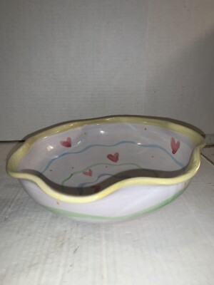 Vintage signed scallop edges hand painted pottery serving bowl-image