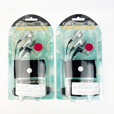 TWO New Coby CV-E10 Dynamic Stereo Earphones Y2K Sealed Black Silver Prop-image