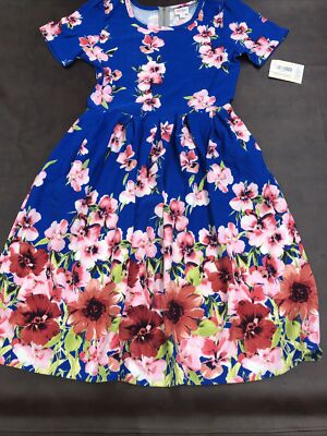NEW LuLaRoe Blue Pink Cherry Blossoms Dip Amelia Dress HTF 🦄🌹Pleated L 14/16-image