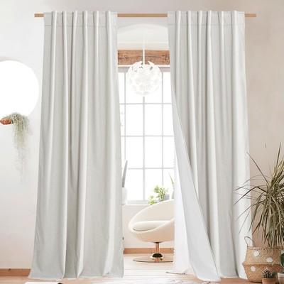 100% Blackout Linen Curtains for Living Room with Thermal Insulated White Lin...-image