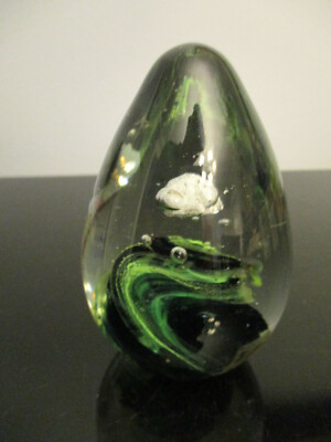 Kerry Studio Art Glass Paperweight Irish Green Swirl Egg Shaped Floating Stone!-image