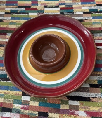 World Market ~ Striped Scalloped Southwestern 2-Section Chip & Dip Bowl ~ MINT!-image