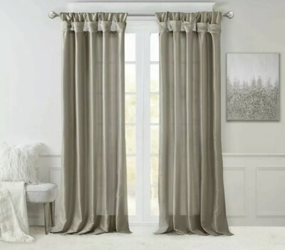 Madison Park Emilia Faux Silk Twist Top Curtain Panel Pewter 50 in x 108 in NIP-image