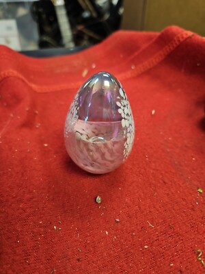 Vintage 1994 GES Glass Eye Studio Pink Lily Flower Signed Egg Shaped Paperweight-image