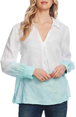 NWT Vince Camuto Aqua Dip Dye Linen Split Neck Top Size L MSRP$129-image