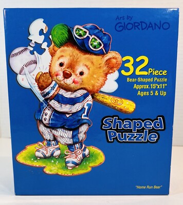 Art by Giordano Studios 32 Pc Bear Shaped Jigsaw Puzzle “Home Run Bear” Baseball-image