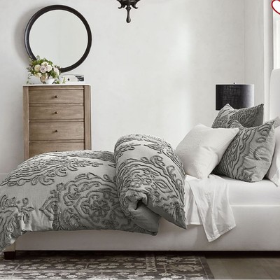 Pottery barn, gray candlewick queen size duvet, cover, set three-piece-image