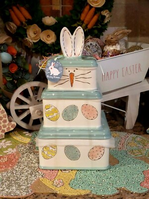 Potter's Studio EASTER Bunny Ears Embossed Eggs Ceramic Stacked Canister VHTF-image