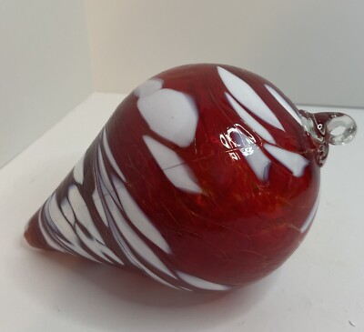 RED & WHITE ART STUDIO BLOWN GLASS TEAR DROP ORNAMENT, GLASS EYE 7