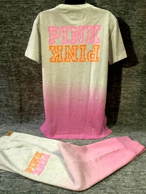 Victoria's Secret Pink Ombre Dip Dye Campus Tee Shirt + Pants Set Gray Pink L XL-image