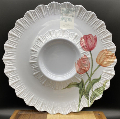 SHABBY CHIC MELAMINE Scalloped Edge Tulips Veggies and Dip Bowl and Plate-image