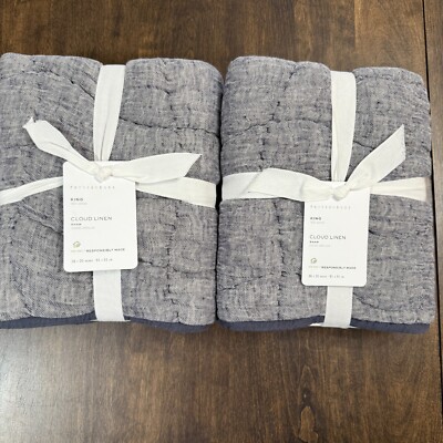 POTTERY BARN CLOUD HANDCRAFTED COTTON/LINEN QUILTED KING SHAM SET OF 2 ~ NAVY-image