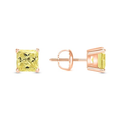 4 Ct Princess Canary Earrings Studs 14K Rose Gold Created Diamond Screw Back-image