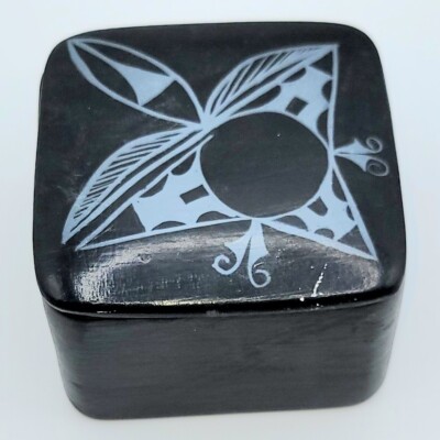 Vintage Studio Art Pottery Trinket Box Signed Black With Etched Design 1990-image