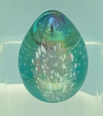 WY. Glass Eye Studio GES 94 Signed Blue Iridescent Egg Shaped Paperweight 3.25