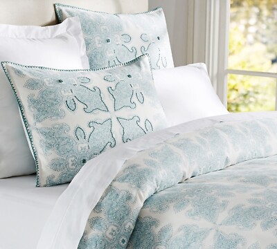 POTTERY BARN  Aiden Medallion Queen Duvet Cover and Two Euro Shams Blue EUC-image