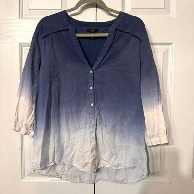 Gap XL Peasant Blouse V-Neck Dip Dye Blue Bohemian Button Top-image