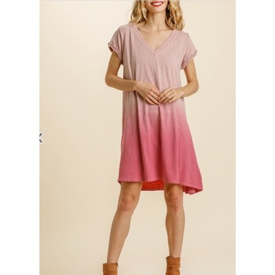 NWT Umgee Dip Dye V-Neck Dress Mini Women’s XL Pink Ombré Boho Chic Beachy -image