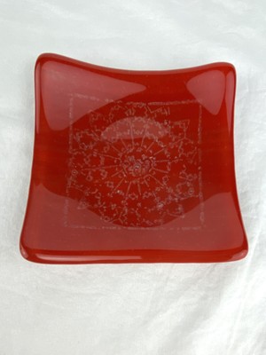 Studio Art Fused Glass Red With White Mandala Square Curved Trinket Tray Signed-image