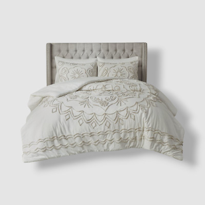 Madison Park White/Beige Violette 3-Piece Tufted Comforter Set, Full/Queen Size-image