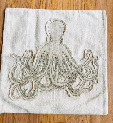 Pottery Barn Octopus Pillow Cover Neutral 20 sq Applique Coastal Decor New-image