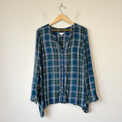 J. JILL Plaid Button-Up Tunic Shirt in Blue Green Dipped Hem Relaxed Fit Sz L-image