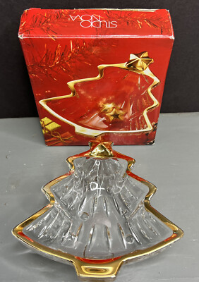 STUDIO NOVA Yuletide Spirit Gold Trim Christmas Tree Shaped Glass Candy Dish-image