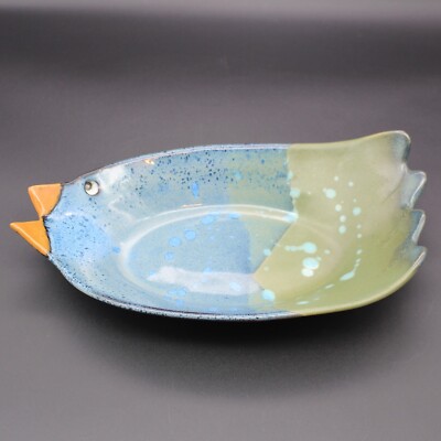Studio Art Pottery Bird Chicken Shaped Dish Bowl Platter Blue Green Signed 12