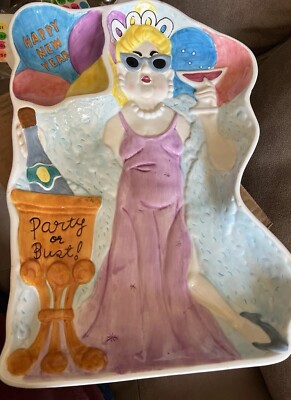 Happy New Year Platter ~ Party Or Bust chip & dip ~ Large Party Kitschy Plate-image