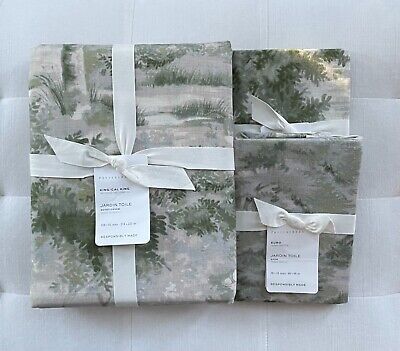 Pottery Barn JARDIN TOILE Duvet King California King & Two Euro Shams Green NWT-image
