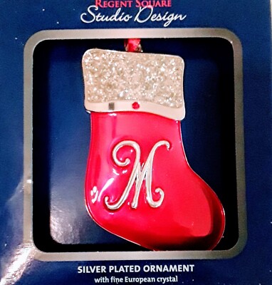 Regent Square Studio Design Christmas Ornament Red Stocking w Crystals Letter M-image