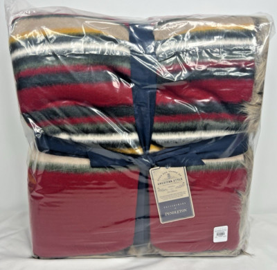 Pottery Barn Pendleton Red Yakima Faux Fur Back Stripe 60 x 80 Throw American-image