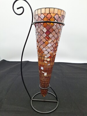  Vintage Mosaic Vase With Wrought Iron Stand 17 3/4 Tall-image