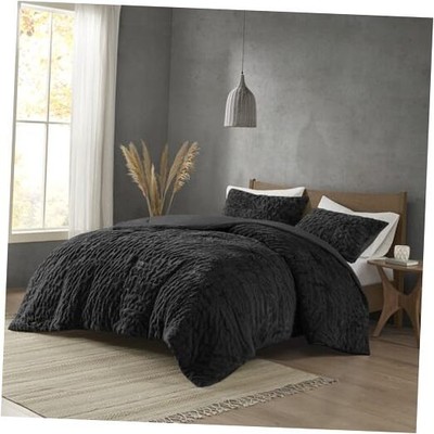  Blair Ruched Faux Fur Comforter Set - Luxurious Bed Cover - Full/Queen Black-image