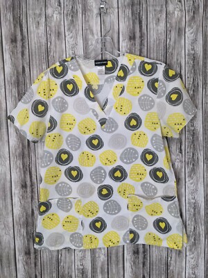 Scrub Studio Women's White Gray/Yellow Heart Themed Scrub Shirt Size Small-image