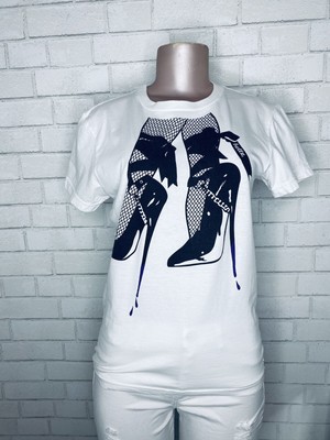 Y2k Black White Hellz Bellz Stiletto Heel Fishnet Exotic Dancer Grunge T-Shirt L-image