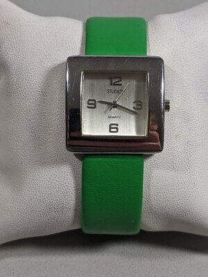 Studio Silver Tone Dial Square Case 28 mm Green Band Watch -image