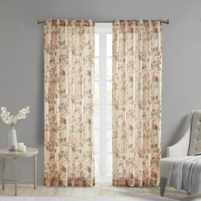 Madison Park Simone Printed Floral Rod Pocket and Back Tab Voile Sheer Curtain-image